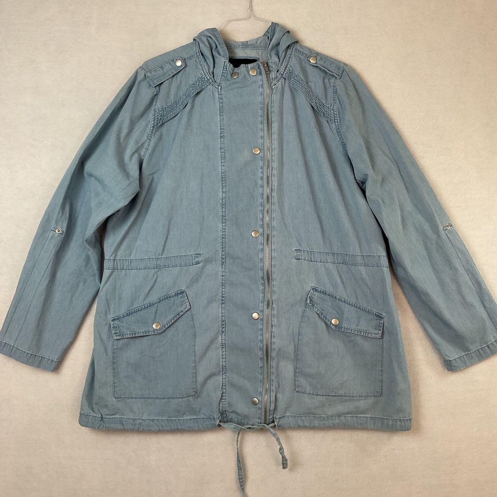 Forever 21+ Womens 3X Blue Cotton Hooded Utility Jacket Roll Tab Sleeve Zip Up